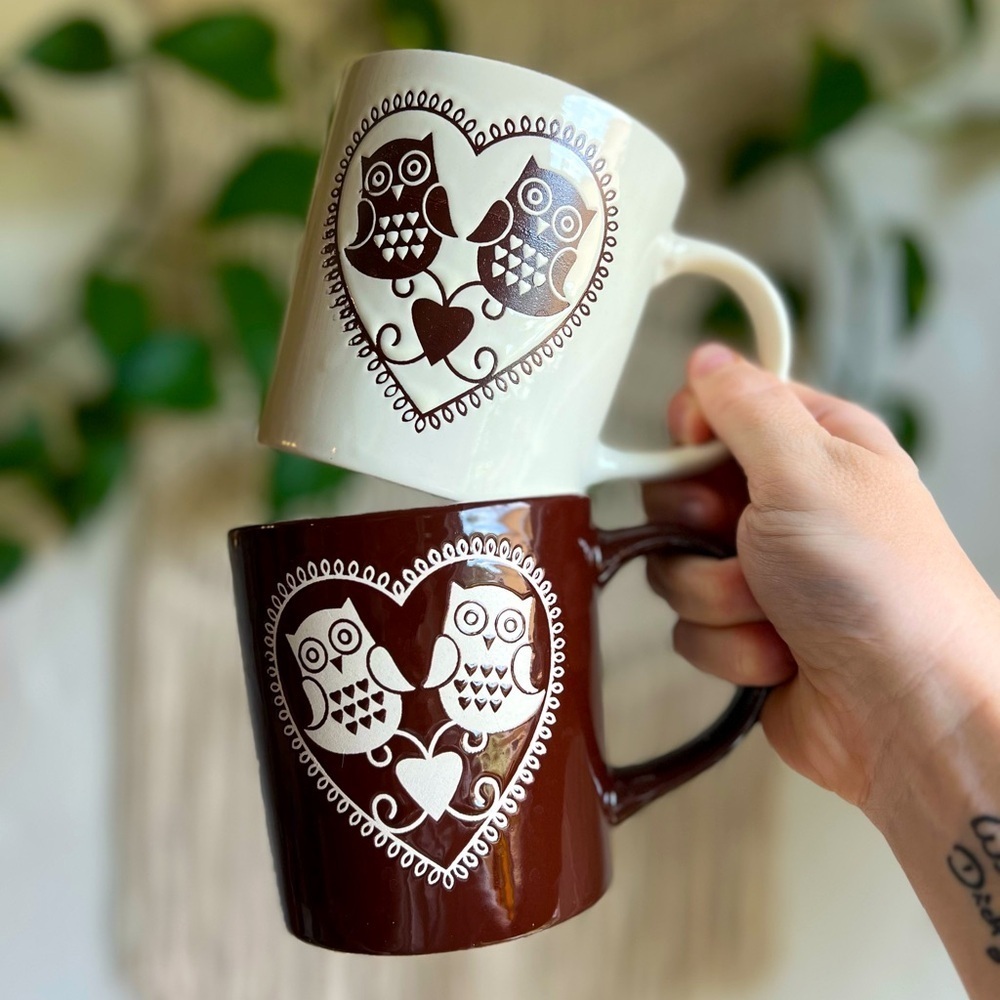 Home Essentials Owl Mugs Set – Brown Ceramic Coffee Cups Cottagecore Woodland